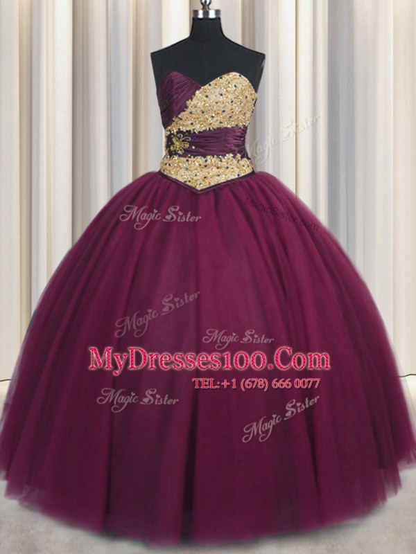 Floor Length Lace Up Quince Ball Gowns Burgundy for Military Ball and Sweet 16 and Quinceanera with Beading and Appliques