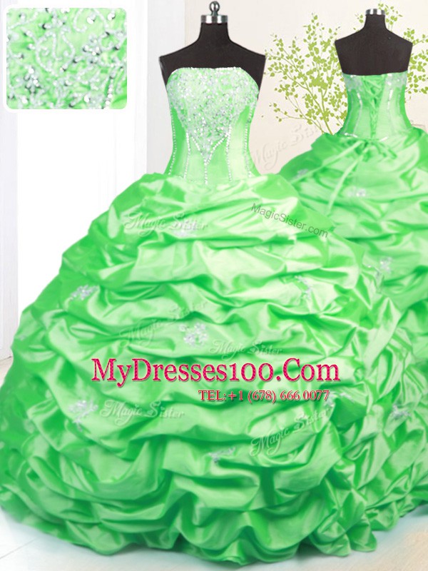 Strapless Sleeveless Taffeta Quince Ball Gowns Beading and Pick Ups Sweep Train Lace Up