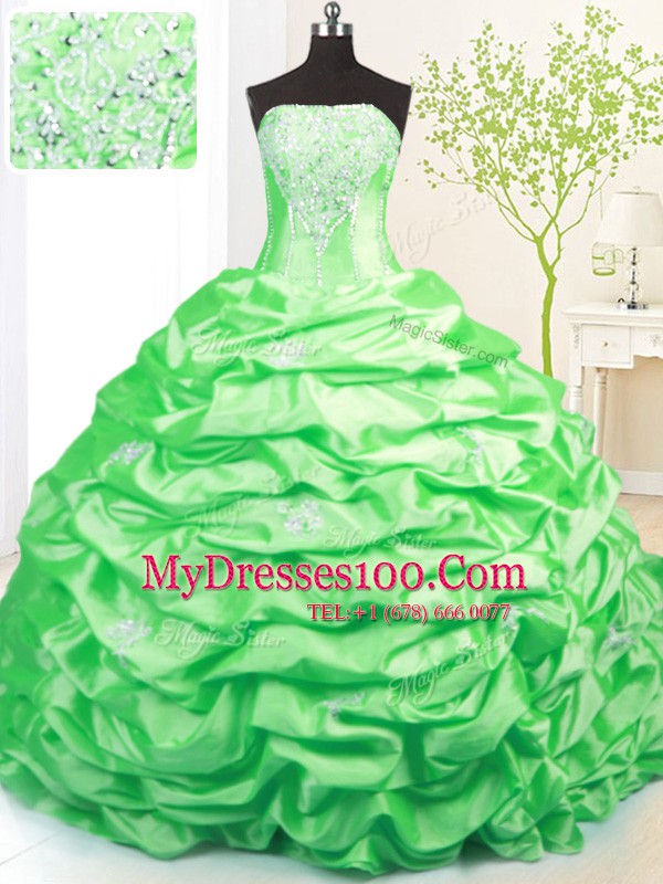Strapless Sleeveless Taffeta Quince Ball Gowns Beading and Pick Ups Sweep Train Lace Up