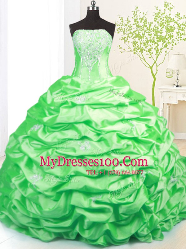 Strapless Sleeveless Taffeta Quince Ball Gowns Beading and Pick Ups Sweep Train Lace Up