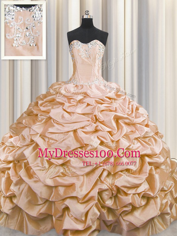 Free and Easy Brush Train Taffeta Sweetheart Sleeveless Sweep Train Lace Up Beading and Pick Ups Ball Gown Prom Dress in Peach