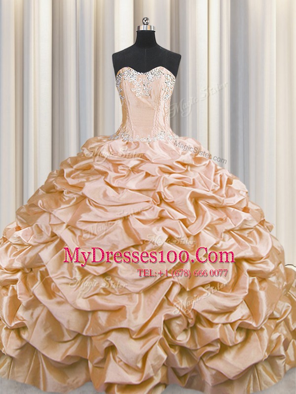 Free and Easy Brush Train Taffeta Sweetheart Sleeveless Sweep Train Lace Up Beading and Pick Ups Ball Gown Prom Dress in Peach