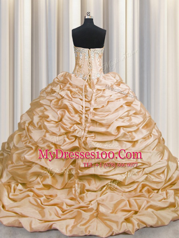 Free and Easy Brush Train Taffeta Sweetheart Sleeveless Sweep Train Lace Up Beading and Pick Ups Ball Gown Prom Dress in Peach
