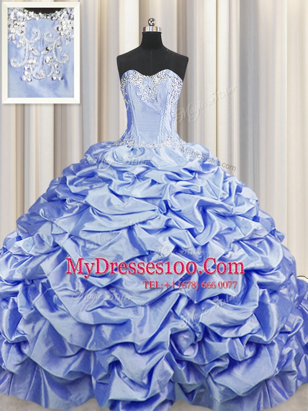 High Quality Brush Train Lavender Sleeveless Sweep Train Beading and Pick Ups Quinceanera Dress