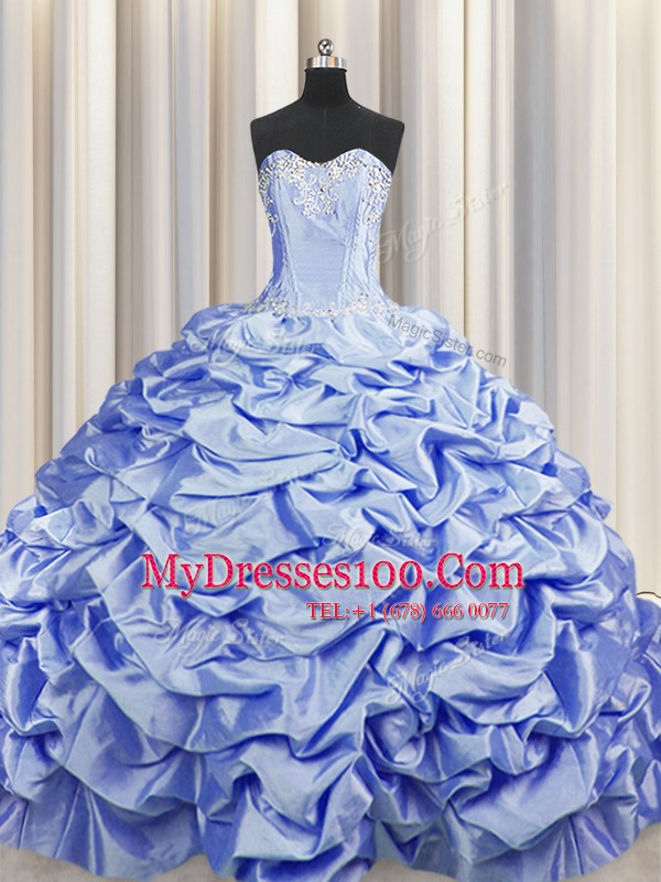 High Quality Brush Train Lavender Sleeveless Sweep Train Beading and Pick Ups Quinceanera Dress