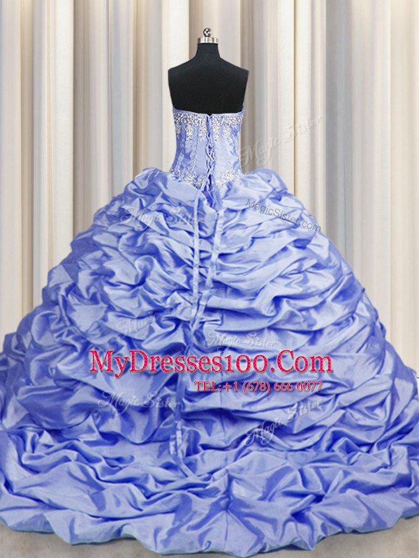 High Quality Brush Train Lavender Sleeveless Sweep Train Beading and Pick Ups Quinceanera Dress