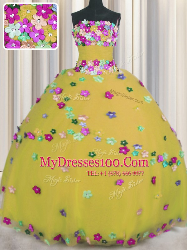 Fantastic Gold Sleeveless Hand Made Flower Floor Length Quinceanera Gowns
