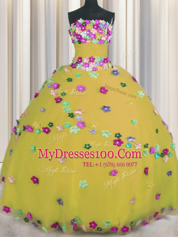 Fantastic Gold Sleeveless Hand Made Flower Floor Length Quinceanera Gowns