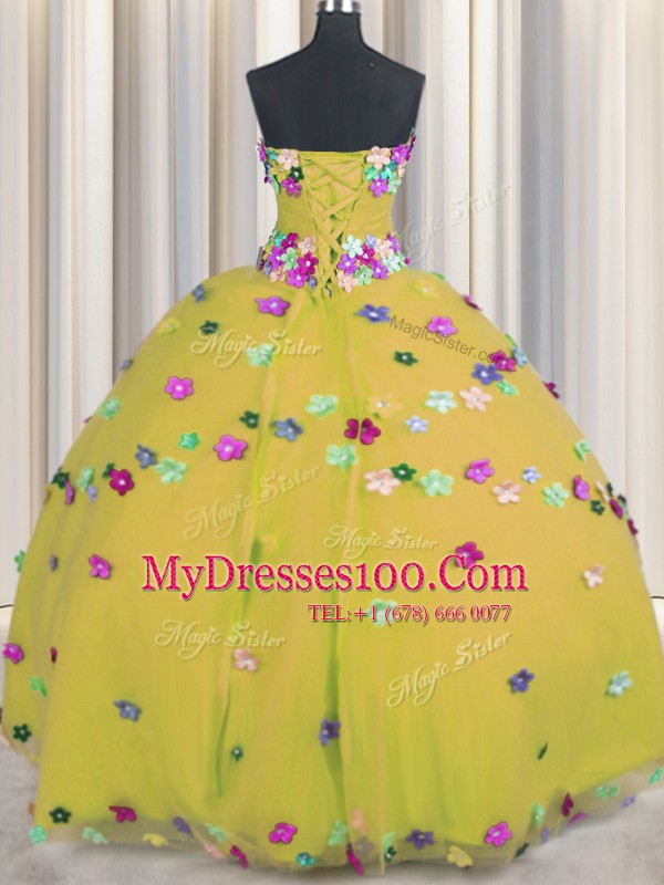 Fantastic Gold Sleeveless Hand Made Flower Floor Length Quinceanera Gowns