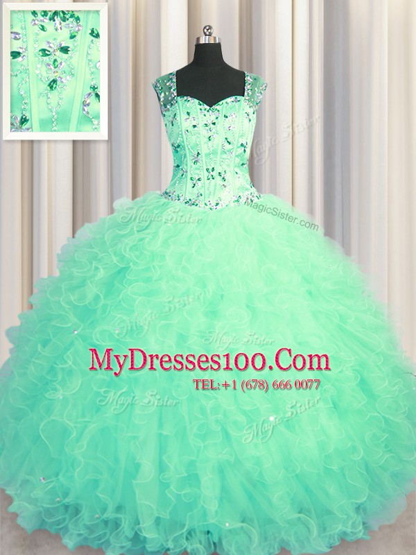 Free and Easy See Through Zipper Up Beading and Ruffles Ball Gown Prom Dress Turquoise Zipper Sleeveless Floor Length