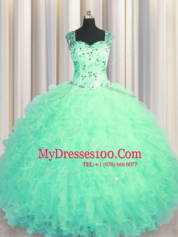 Free and Easy See Through Zipper Up Beading and Ruffles Ball Gown Prom Dress Turquoise Zipper Sleeveless Floor Length