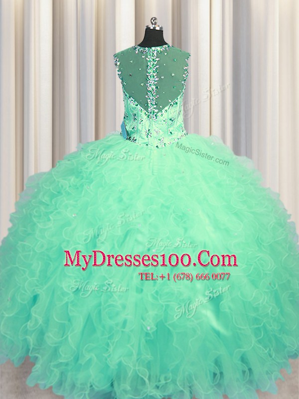 Free and Easy See Through Zipper Up Beading and Ruffles Ball Gown Prom Dress Turquoise Zipper Sleeveless Floor Length