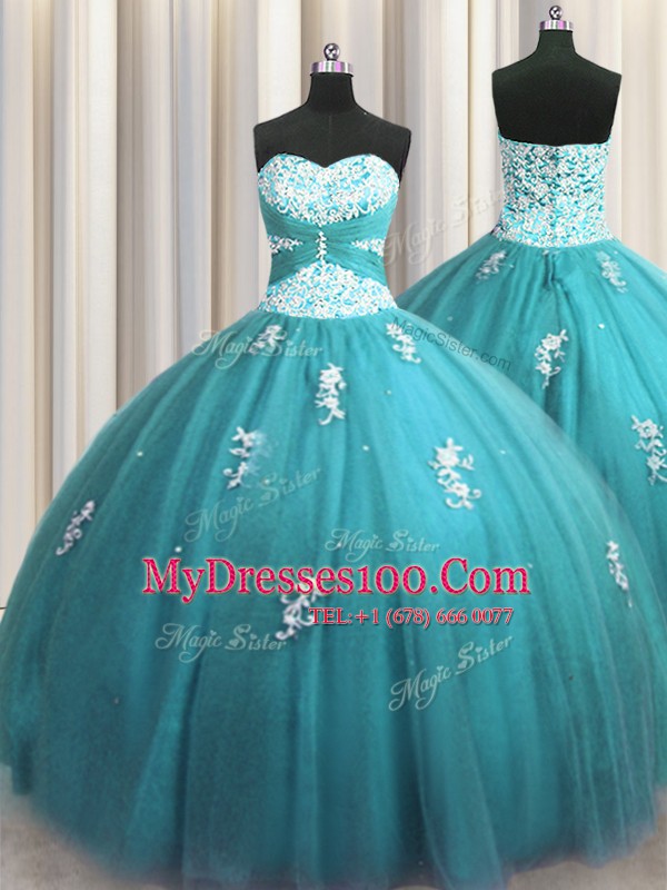 Sumptuous Halter Top Sleeveless Tulle Floor Length Lace Up Sweet 16 Dresses in Teal with Beading and Appliques