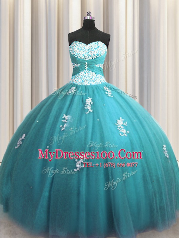 Sumptuous Halter Top Sleeveless Tulle Floor Length Lace Up Sweet 16 Dresses in Teal with Beading and Appliques