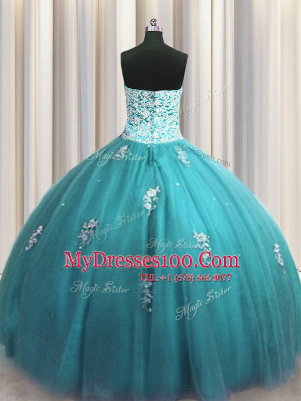 Sumptuous Halter Top Sleeveless Tulle Floor Length Lace Up Sweet 16 Dresses in Teal with Beading and Appliques