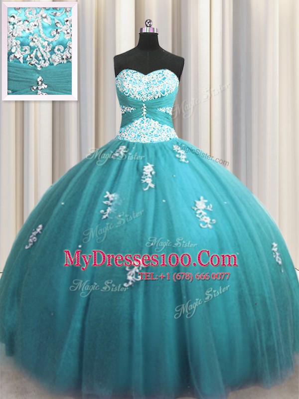 Sumptuous Halter Top Sleeveless Tulle Floor Length Lace Up Sweet 16 Dresses in Teal with Beading and Appliques