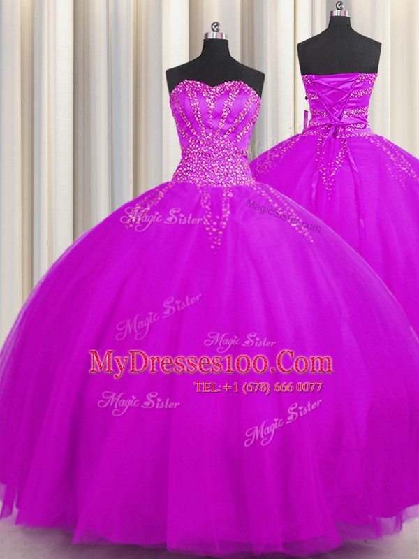 Really Puffy Sleeveless Floor Length Beading Lace Up Sweet 16 Dress with Purple