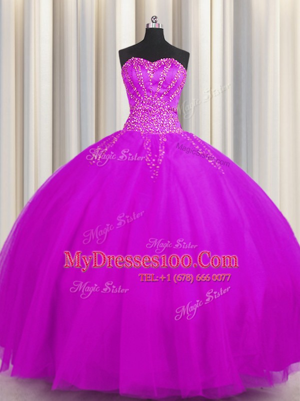 Really Puffy Sleeveless Floor Length Beading Lace Up Sweet 16 Dress with Purple