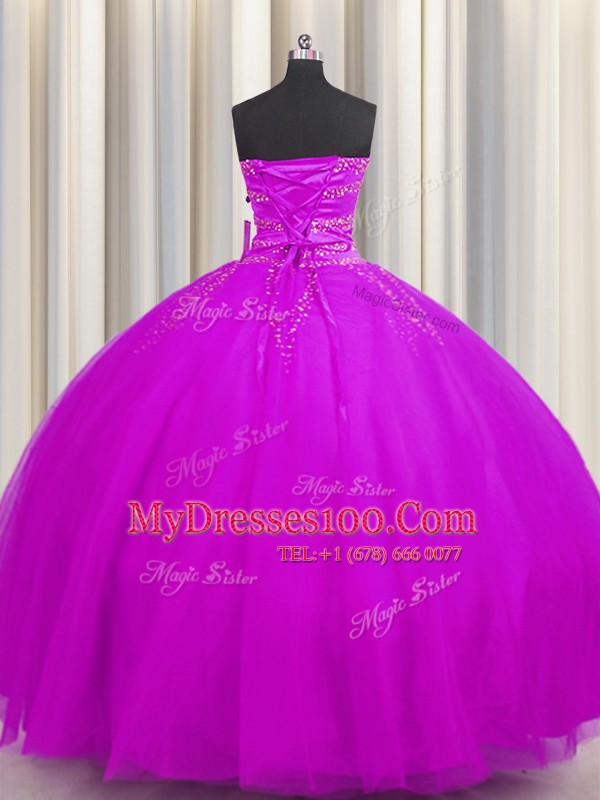Really Puffy Sleeveless Floor Length Beading Lace Up Sweet 16 Dress with Purple