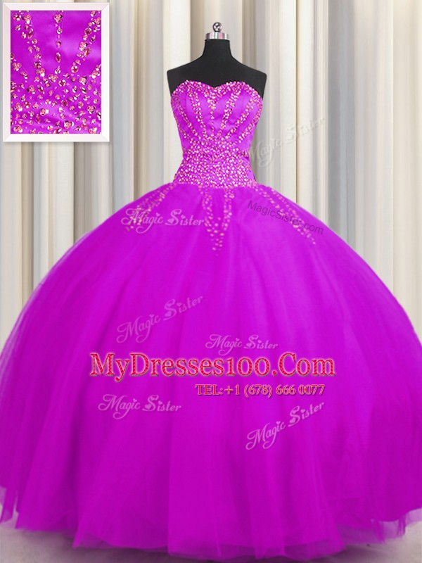 Really Puffy Sleeveless Floor Length Beading Lace Up Sweet 16 Dress with Purple