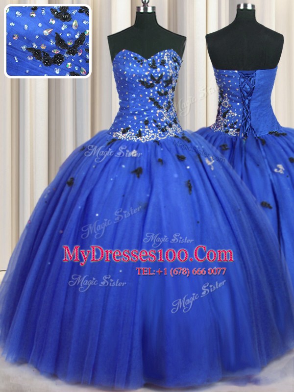 Shining Floor Length Ball Gowns Sleeveless Royal Blue 15 Quinceanera Dress Lace Up
