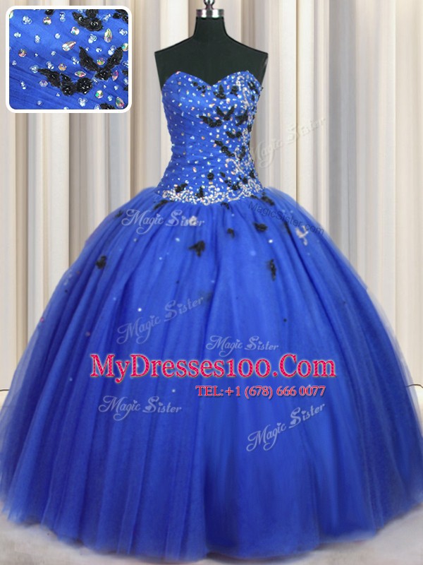 Shining Floor Length Ball Gowns Sleeveless Royal Blue 15 Quinceanera Dress Lace Up