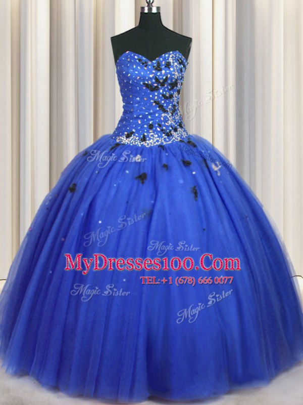 Shining Floor Length Ball Gowns Sleeveless Royal Blue 15 Quinceanera Dress Lace Up