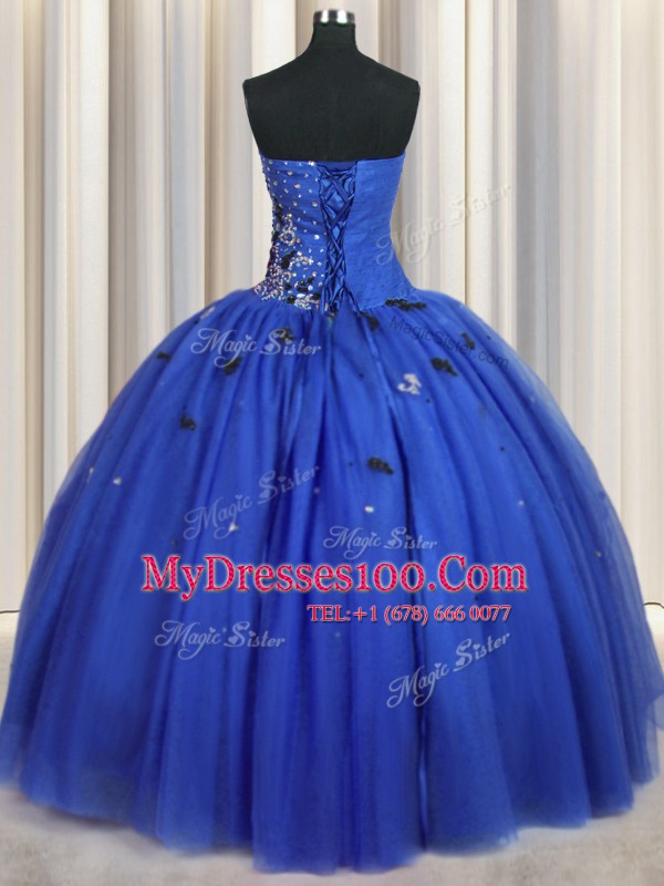 Shining Floor Length Ball Gowns Sleeveless Royal Blue 15 Quinceanera Dress Lace Up