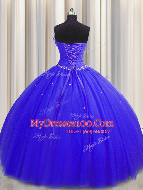 Chic Handcrafted Flower Royal Blue Tulle Lace Up 15 Quinceanera Dress Sleeveless Floor Length Beading and Ruching and Hand Made Flower