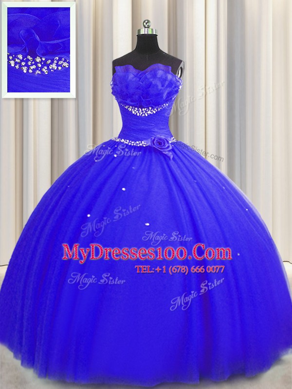 Chic Handcrafted Flower Royal Blue Tulle Lace Up 15 Quinceanera Dress Sleeveless Floor Length Beading and Ruching and Hand Made Flower