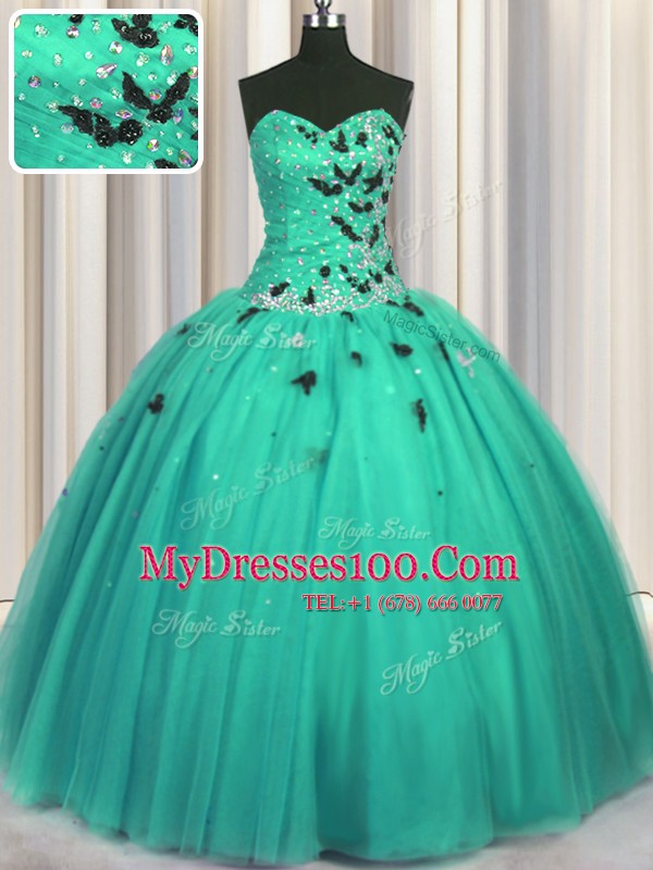 Perfect Turquoise Ball Gowns Sweetheart Sleeveless Tulle Floor Length Lace Up Beading and Appliques Quince Ball Gowns