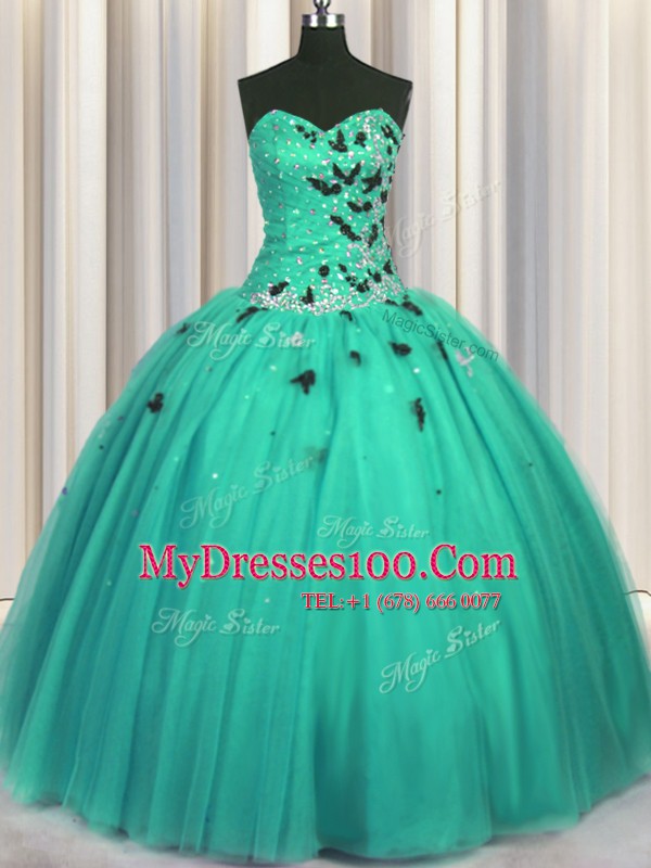 Perfect Turquoise Ball Gowns Sweetheart Sleeveless Tulle Floor Length Lace Up Beading and Appliques Quince Ball Gowns