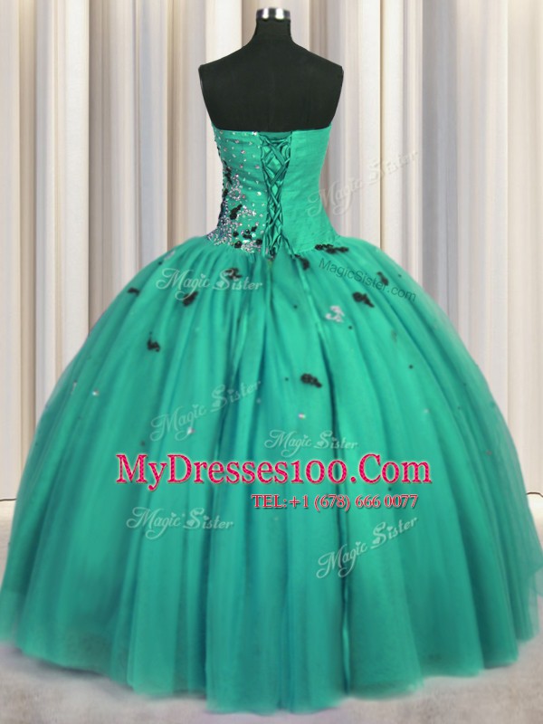 Perfect Turquoise Ball Gowns Sweetheart Sleeveless Tulle Floor Length Lace Up Beading and Appliques Quince Ball Gowns