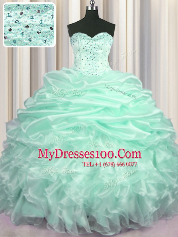 Deluxe Apple Green Organza Lace Up Sweetheart Sleeveless With Train 15th Birthday Dress Sweep Train Beading and Ruffles and Pick Ups