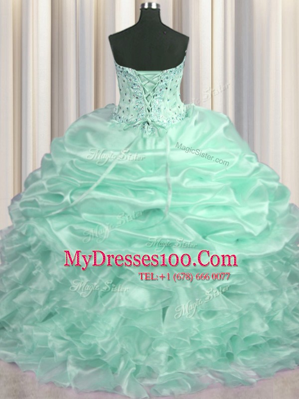 Deluxe Apple Green Organza Lace Up Sweetheart Sleeveless With Train 15th Birthday Dress Sweep Train Beading and Ruffles and Pick Ups