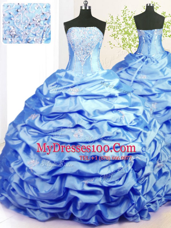 Nice Beading and Pick Ups 15th Birthday Dress Baby Blue Lace Up Sleeveless With Train Sweep Train