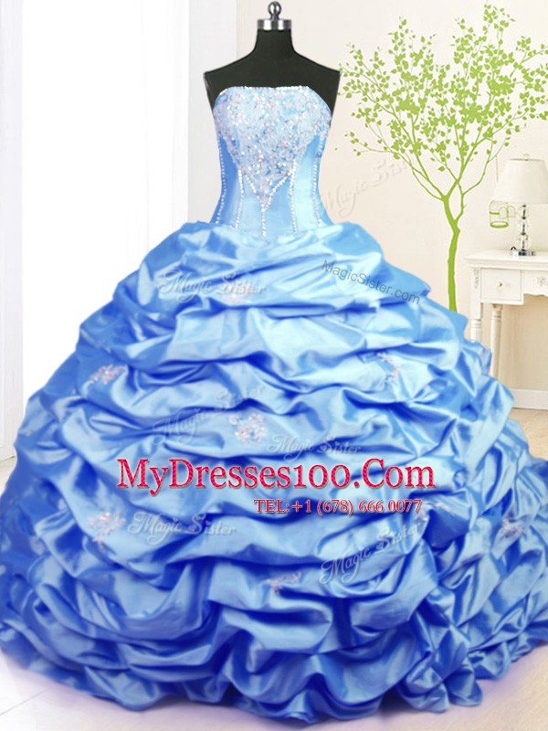 Nice Beading and Pick Ups 15th Birthday Dress Baby Blue Lace Up Sleeveless With Train Sweep Train