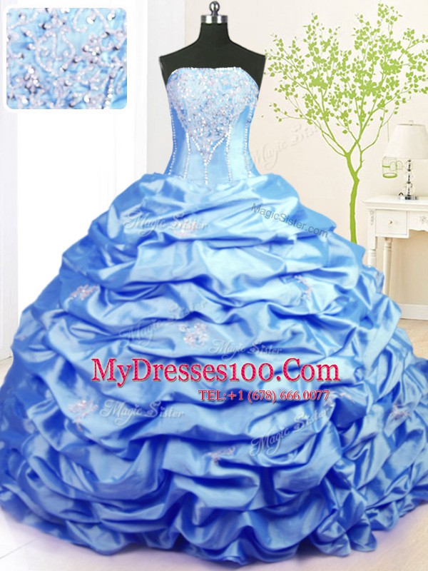 Nice Beading and Pick Ups 15th Birthday Dress Baby Blue Lace Up Sleeveless With Train Sweep Train