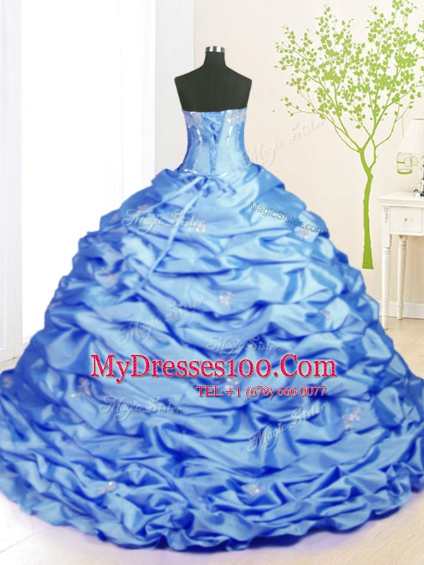 Nice Beading and Pick Ups 15th Birthday Dress Baby Blue Lace Up Sleeveless With Train Sweep Train