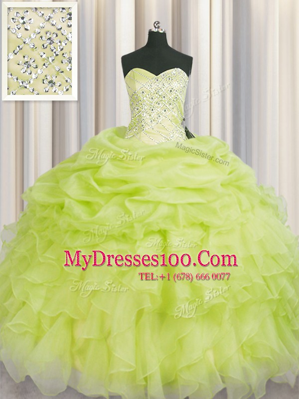 Yellow Green Sleeveless Floor Length Beading and Ruffles Lace Up Vestidos de Quinceanera