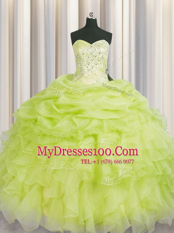 Yellow Green Sleeveless Floor Length Beading and Ruffles Lace Up Vestidos de Quinceanera