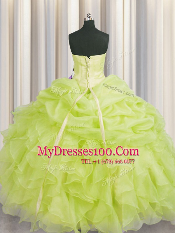 Yellow Green Sleeveless Floor Length Beading and Ruffles Lace Up Vestidos de Quinceanera