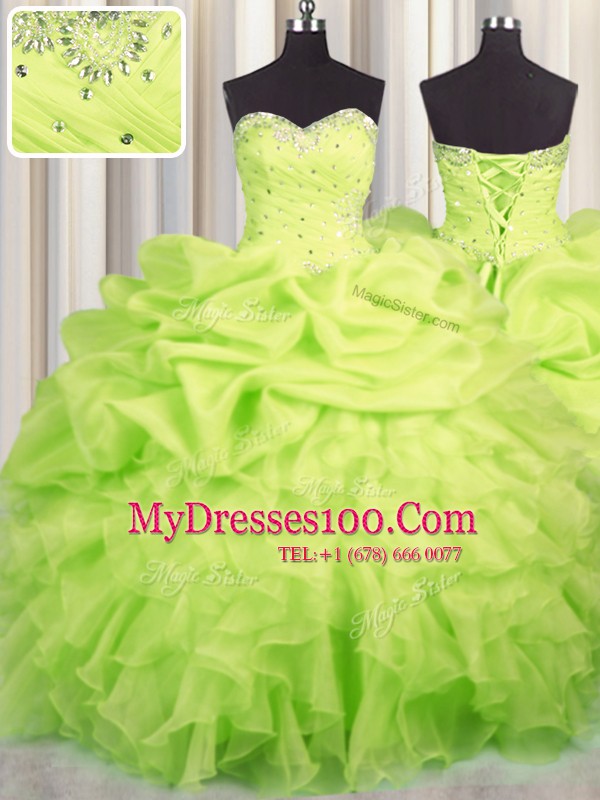 On Sale Floor Length Lace Up Quince Ball Gowns Yellow Green for Military Ball and Sweet 16 and Quinceanera with Beading and Ruffles and Ruching and Pick Ups