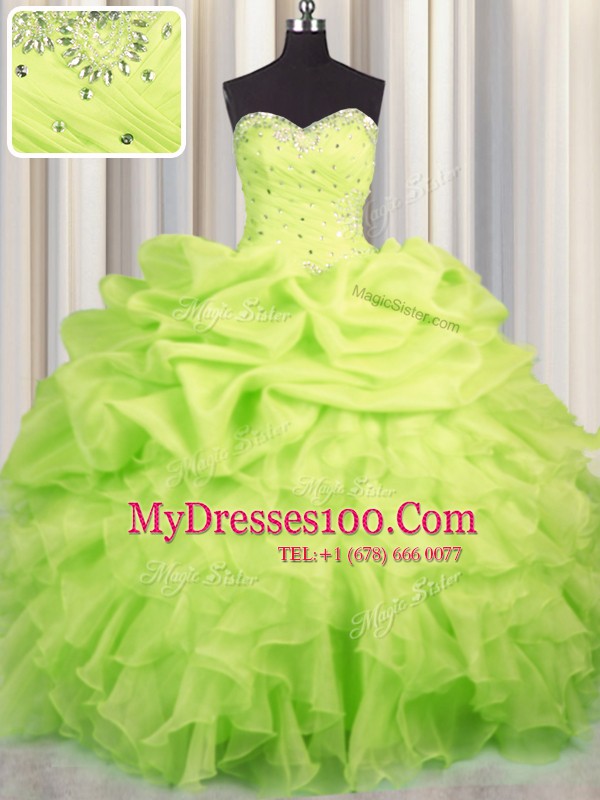 On Sale Floor Length Lace Up Quince Ball Gowns Yellow Green for Military Ball and Sweet 16 and Quinceanera with Beading and Ruffles and Ruching and Pick Ups