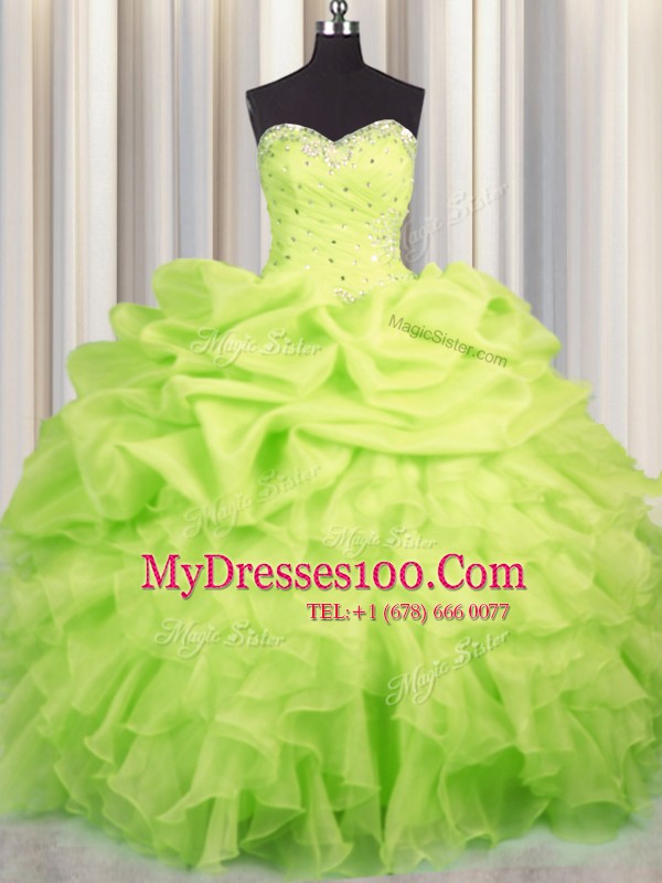 On Sale Floor Length Lace Up Quince Ball Gowns Yellow Green for Military Ball and Sweet 16 and Quinceanera with Beading and Ruffles and Ruching and Pick Ups