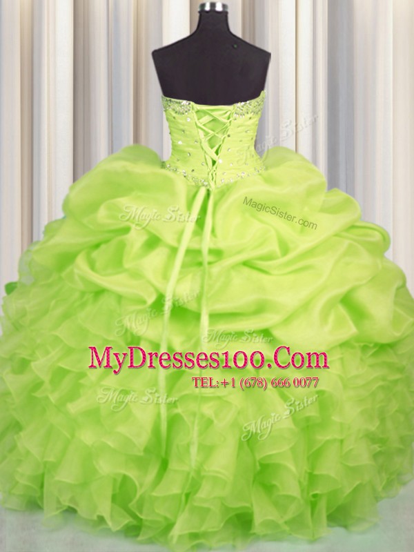 On Sale Floor Length Lace Up Quince Ball Gowns Yellow Green for Military Ball and Sweet 16 and Quinceanera with Beading and Ruffles and Ruching and Pick Ups