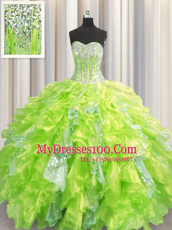 Visible Boning Yellow Green Organza and Sequined Lace Up Sweetheart Sleeveless Floor Length Sweet 16 Dress Beading and Ruffles and Sequins