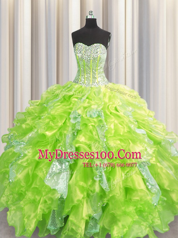 Visible Boning Yellow Green Organza and Sequined Lace Up Sweetheart Sleeveless Floor Length Sweet 16 Dress Beading and Ruffles and Sequins