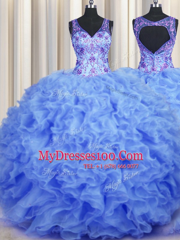 V Neck Sleeveless Beading and Appliques and Ruffles Zipper Sweet 16 Quinceanera Dress