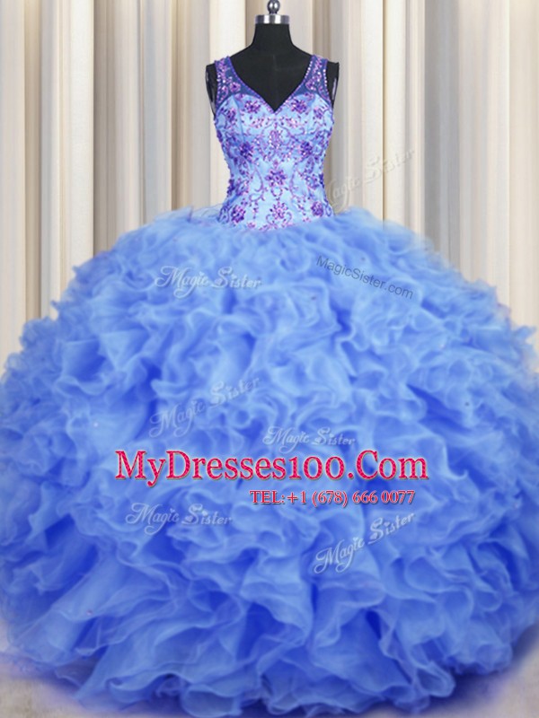 V Neck Sleeveless Beading and Appliques and Ruffles Zipper Sweet 16 Quinceanera Dress